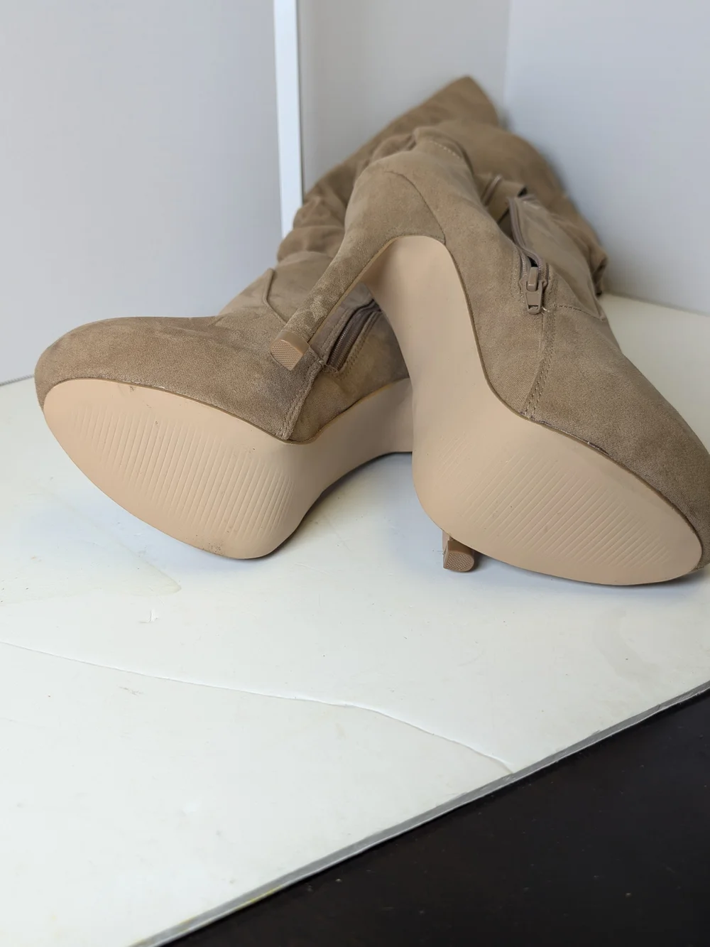 JustFab Taupe Slouch Over-the-Knee Heeled Boots